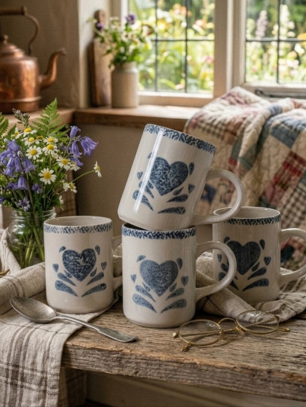Gibson White Ceramic Mugs with Blue Heart Motif - Set of 4